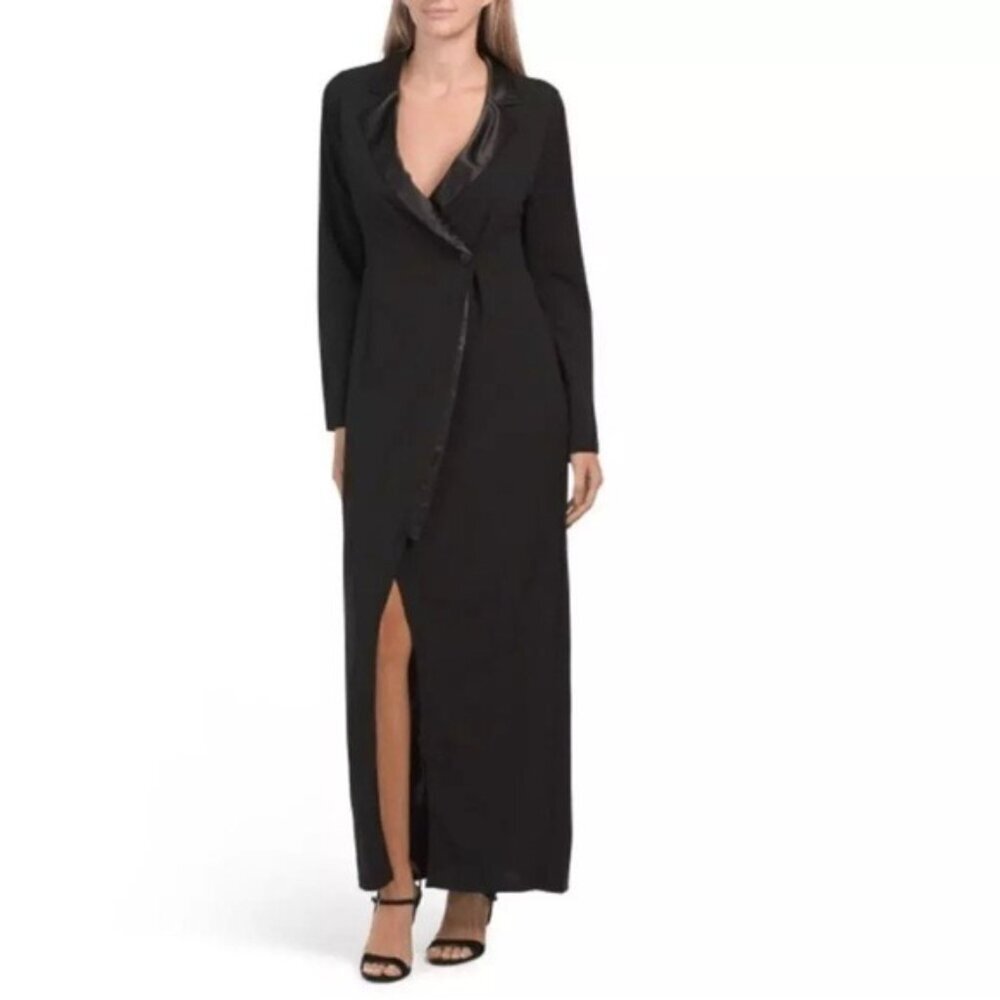 NWT RACHEL‎ ROY Black Griffith Tuxedo Gown Satin Trim Maxi Dress SMALL